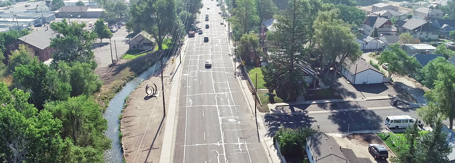 An aerial view of 10th street looking east above 21st Avenue.