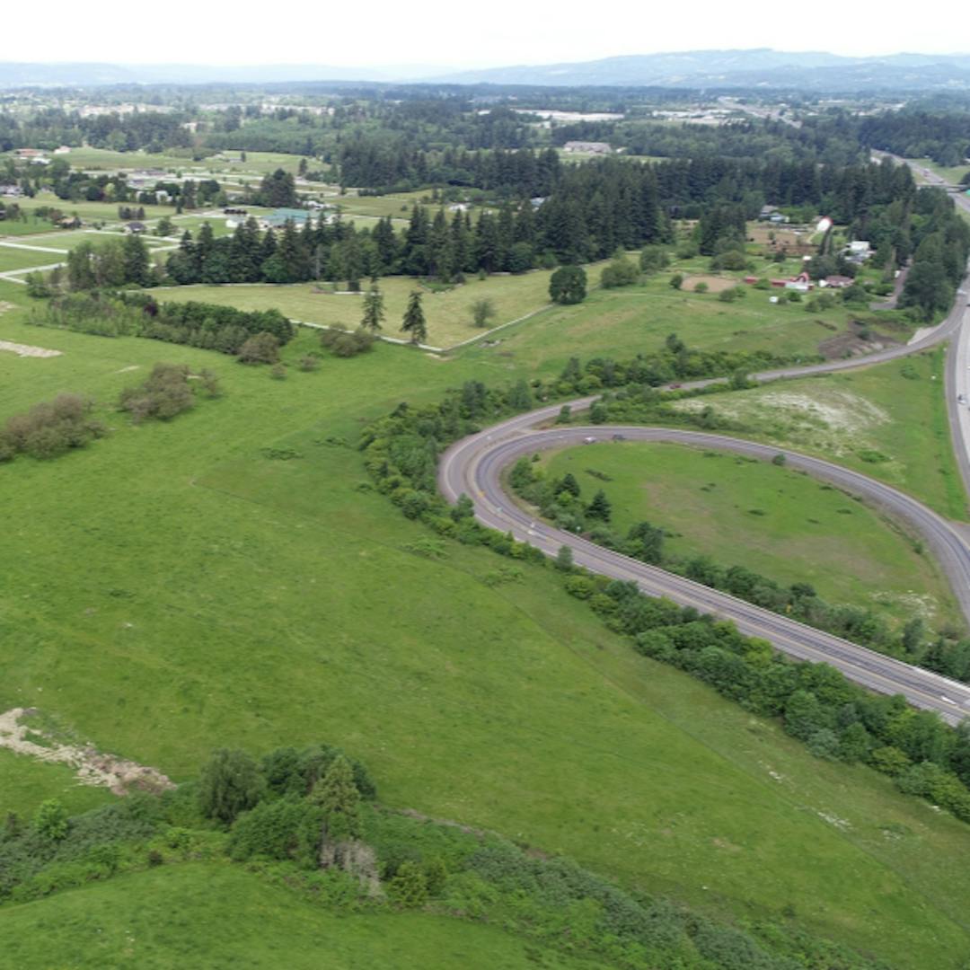 Aerial image showing the current off ramp at SR 502 looking toward Ridgefield.