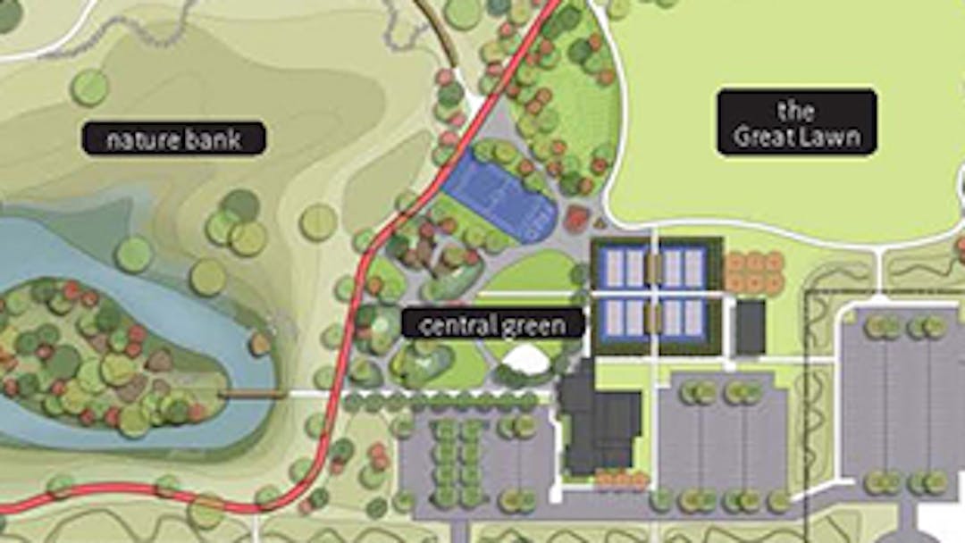 Concept drawing of sections of Fred Richards Park with main trail in red running thorugh it.