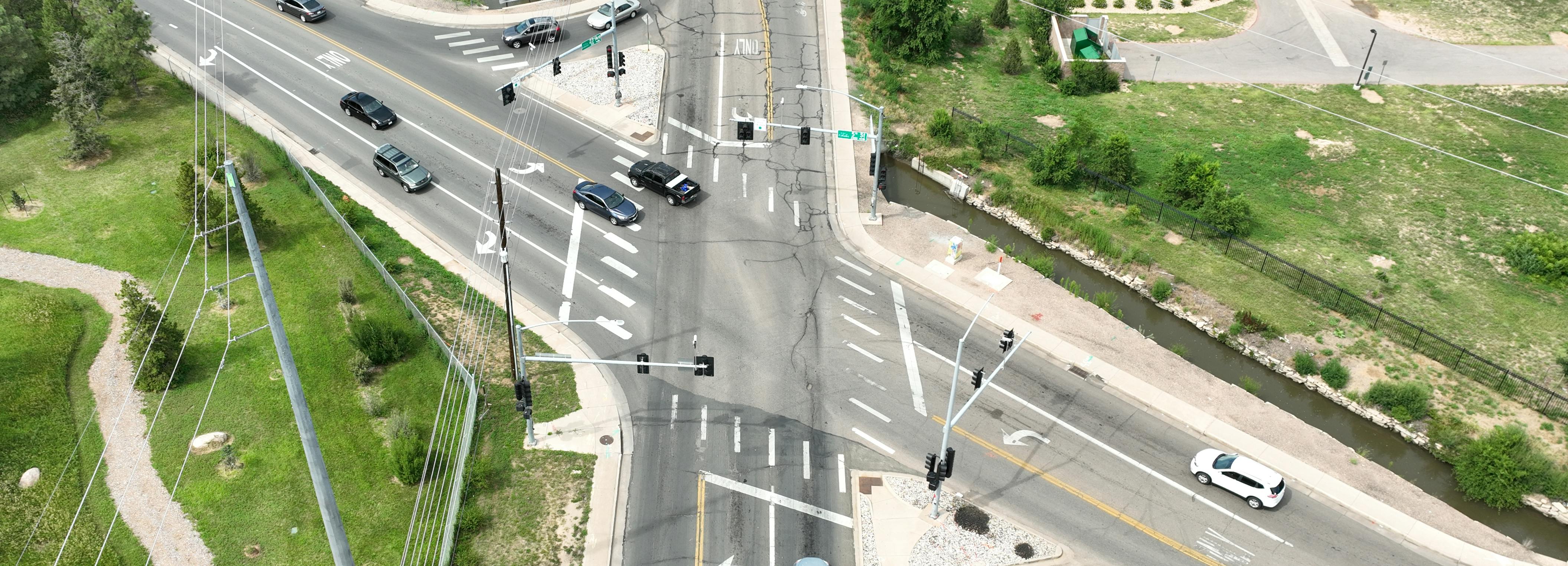 Aerial view of the busy 23rd Street intersection on a sunny day.
