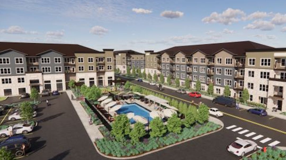 Rendering of apartment building with parking and landscaped pool area. 