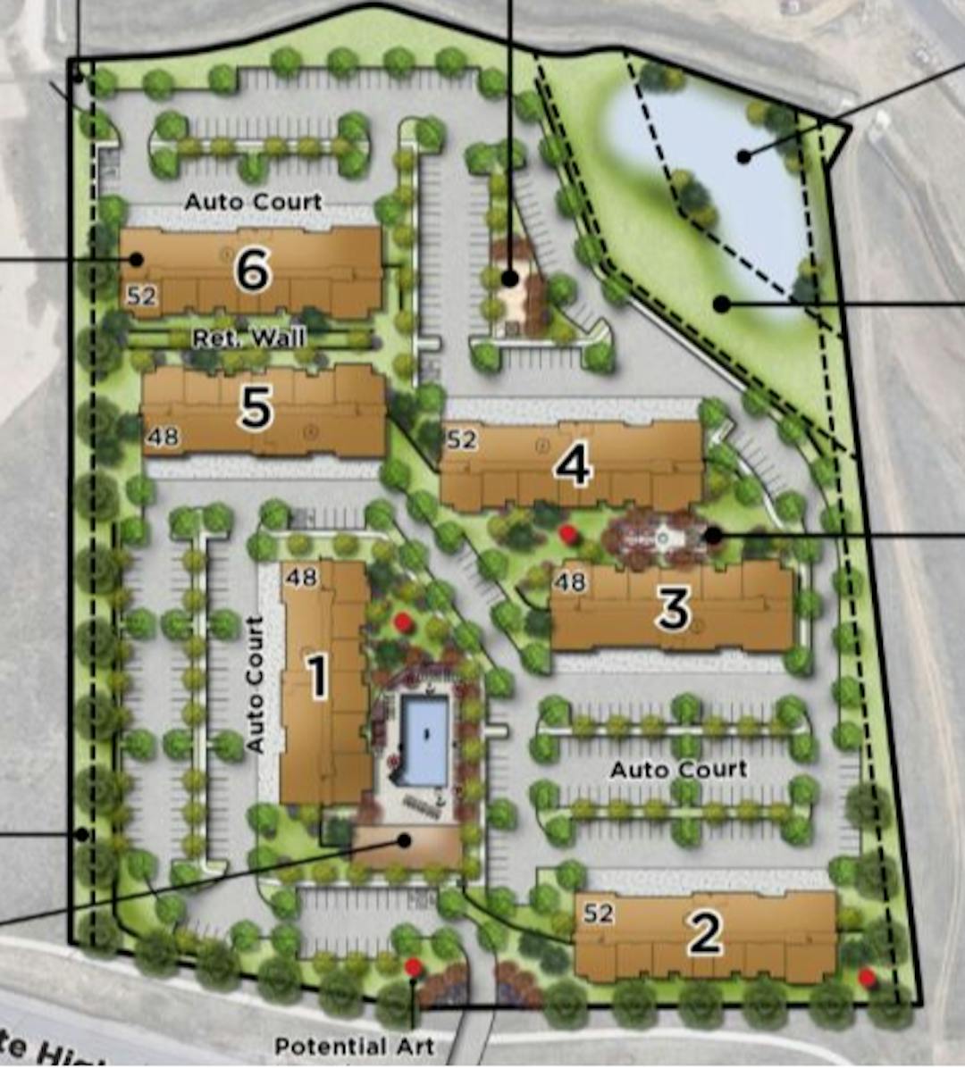 Site plan showing six buildings, parking and amenity spaces on a property. 