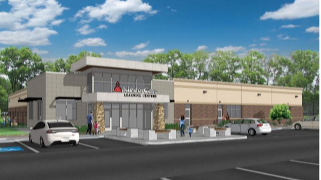 Conceptual rendering of the new Kindercare Learning Center building, viewed from the parking lot