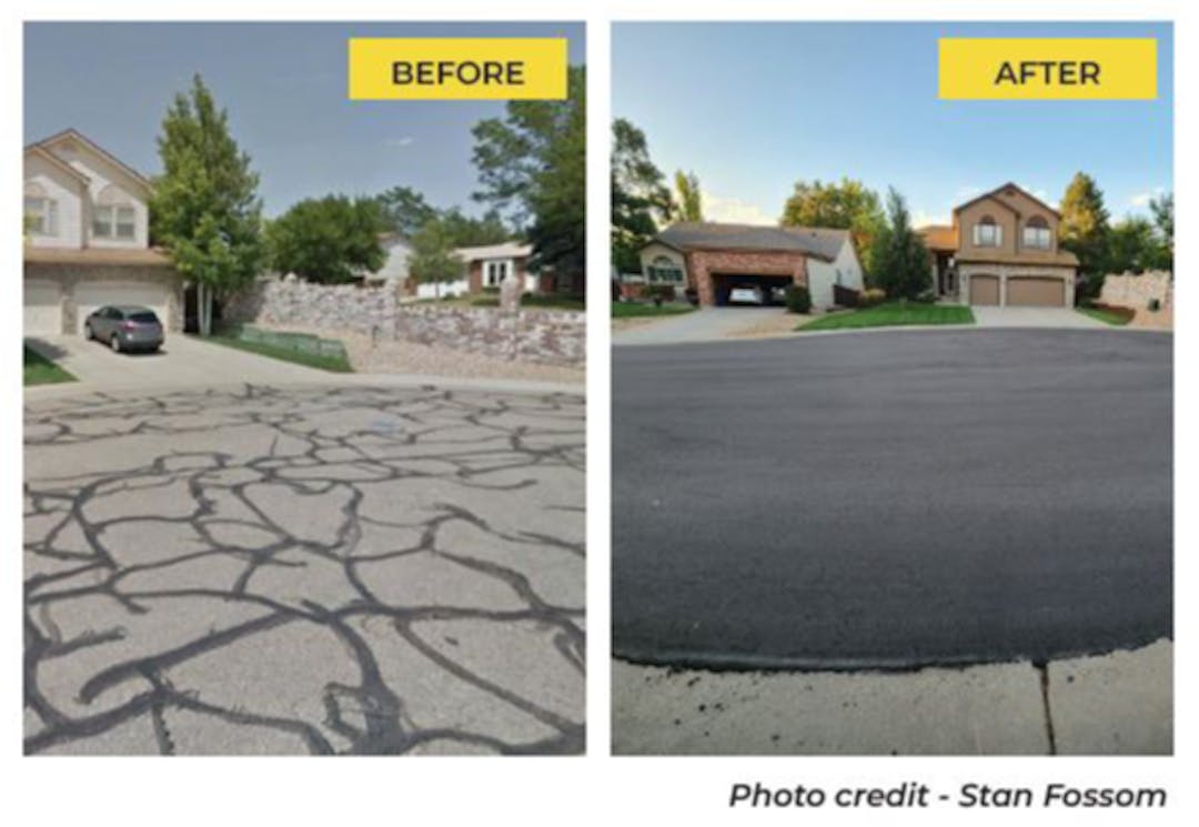 Images of street in cul-de-sac with tar to repair cracks and with new asphalt to show before and after from street repaving