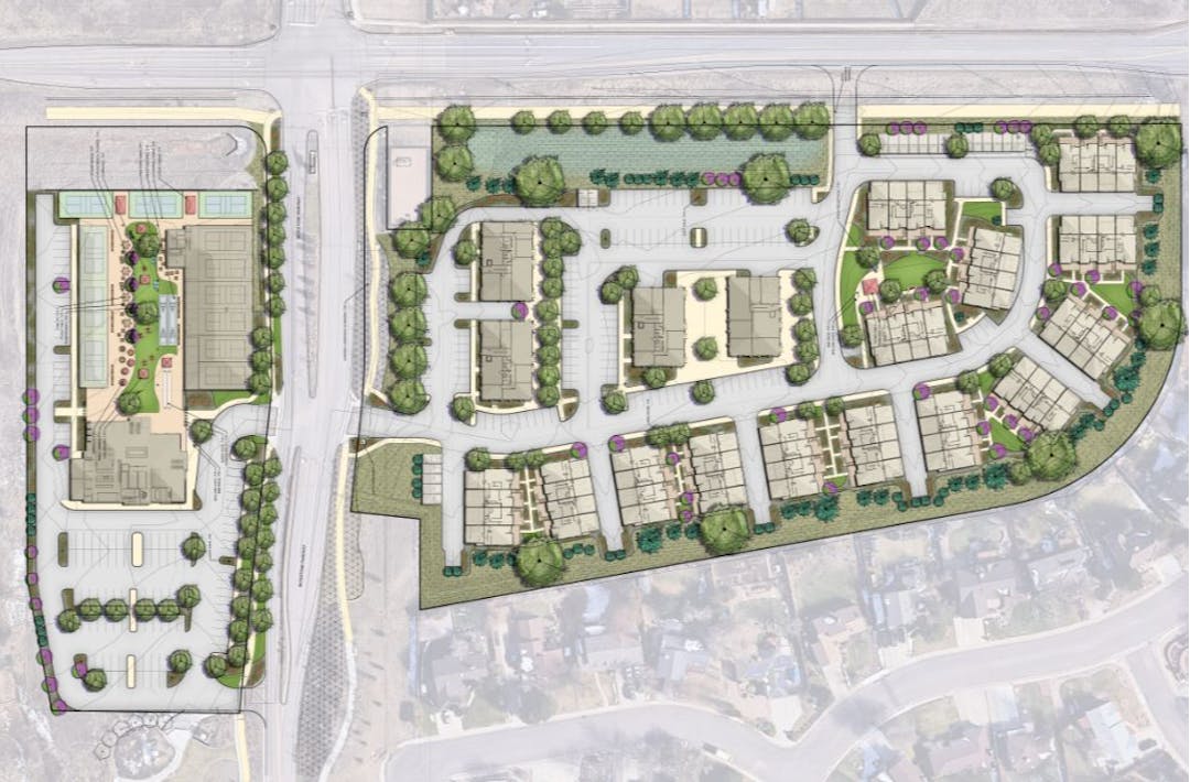 Site plan showing one commercial building to left (north) and a mixed use parcel to right (south)
