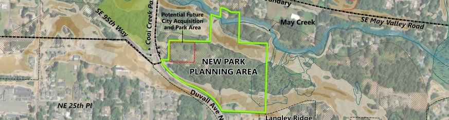 Text reads May Creek Park Master Plan, and map with green highlighted area with red border