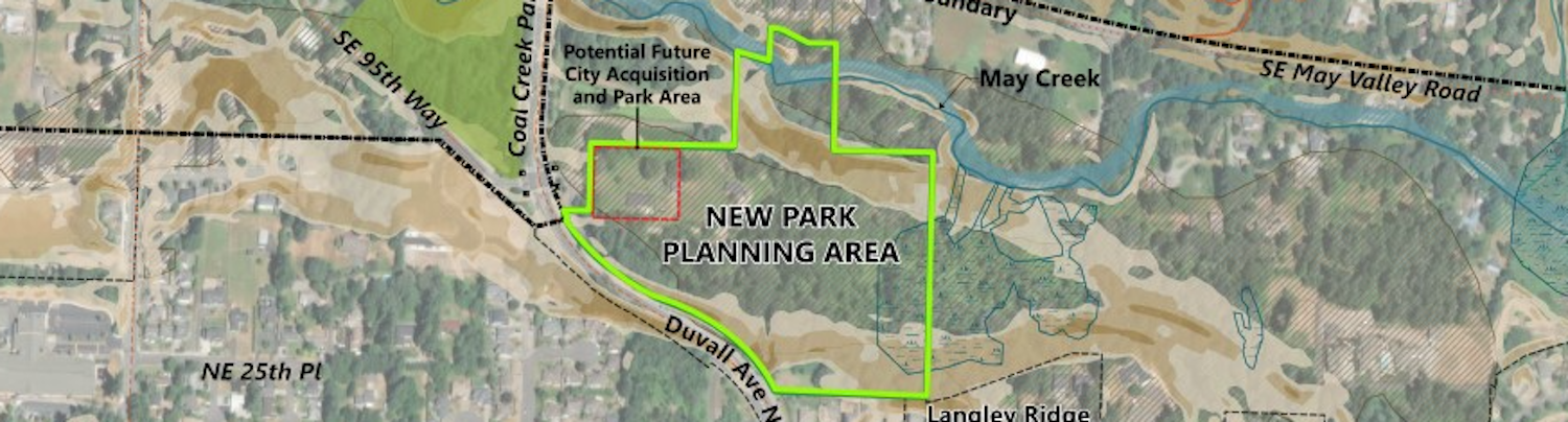 Text reads May Creek Park Master Plan, and map with green highlighted area with red border