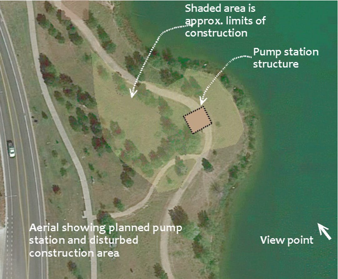 Arial showing planned pump station and disturbed construction area west of Sheridan