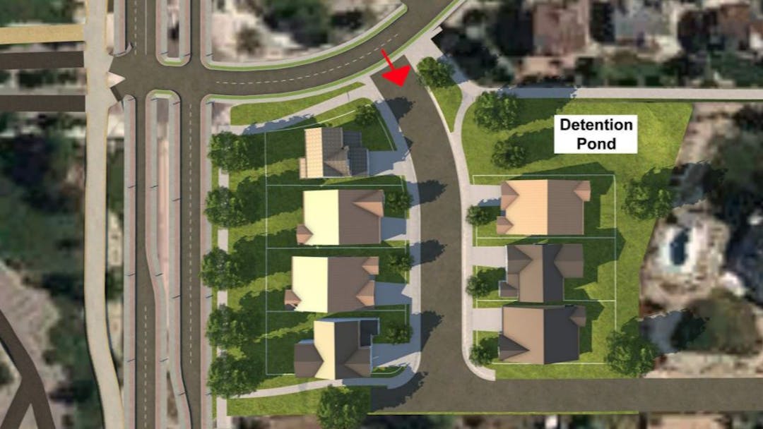 Site plan showing seven single-family residential lots with roads, sidewalks, landscaping and a detention pond