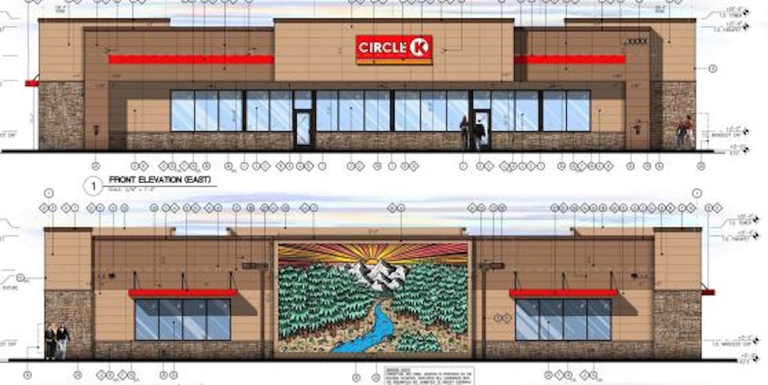 Front and rear elevations of neutral color circle k building, rear elevation has mural of mountains, forest and river 