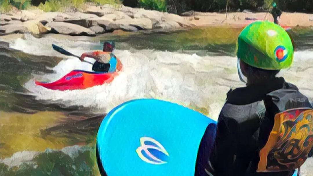 Pastel painting of kayaker surfing in wave.