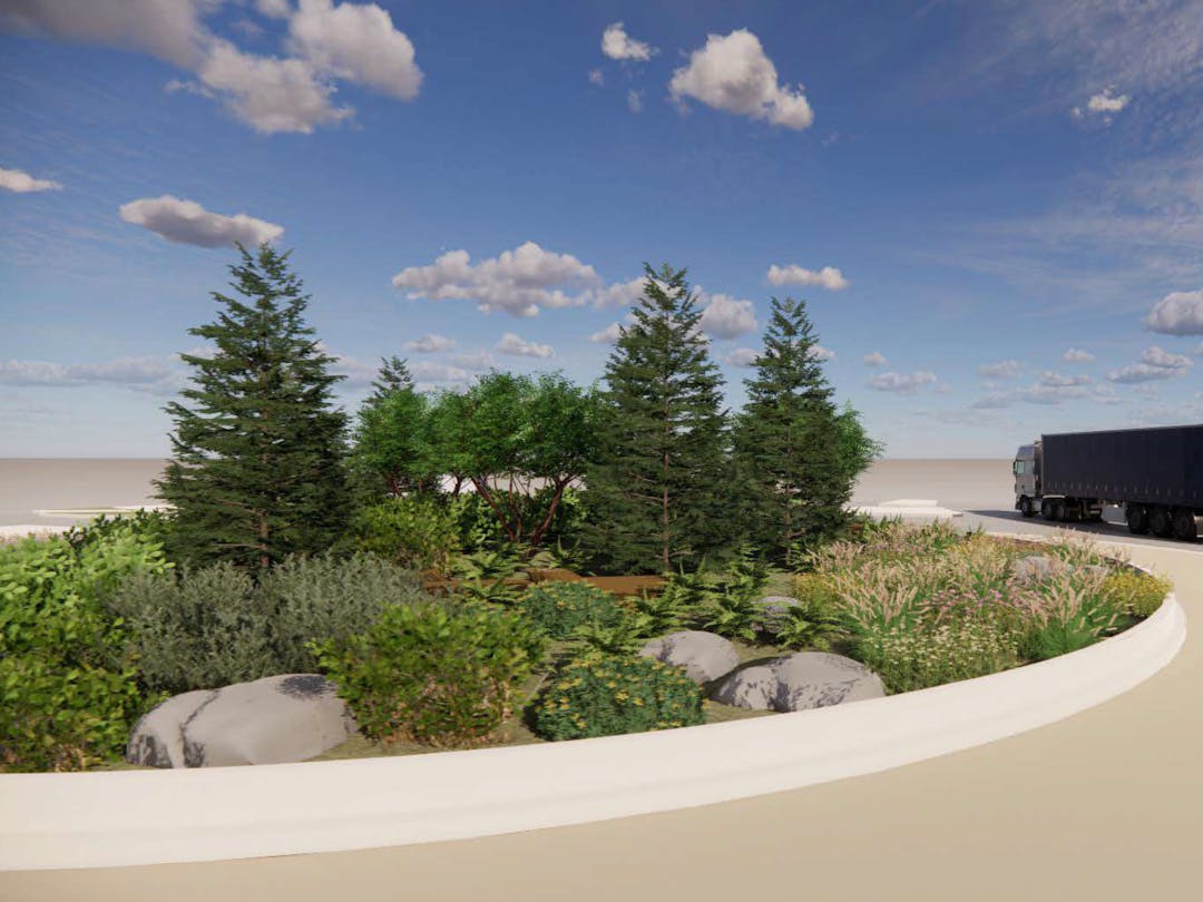 Concept rendering of a roundabout with a natural landscaped center island.