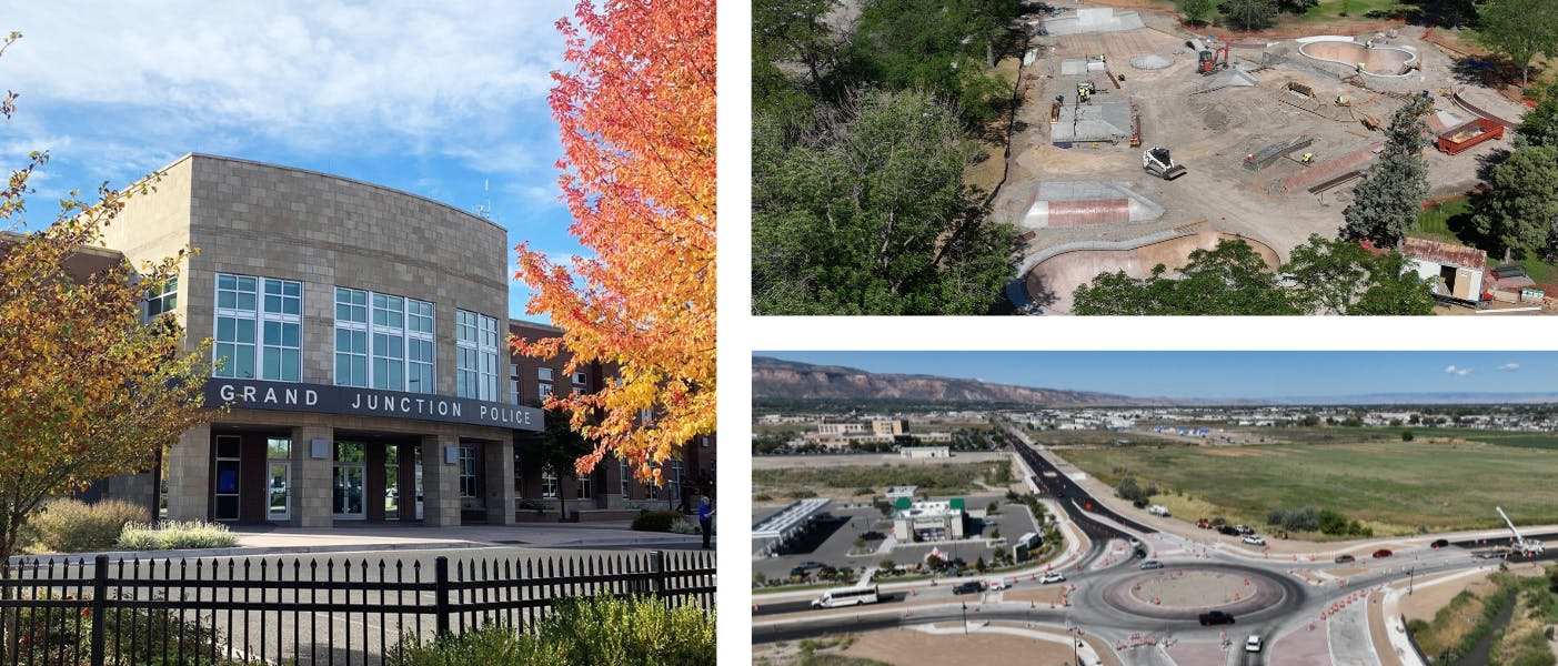 A group of photos that represent a police facility, skate park, and large roadway. 