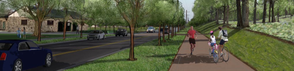 View of proposed Ewing Avenue with traffic calming elements and a shared-use path