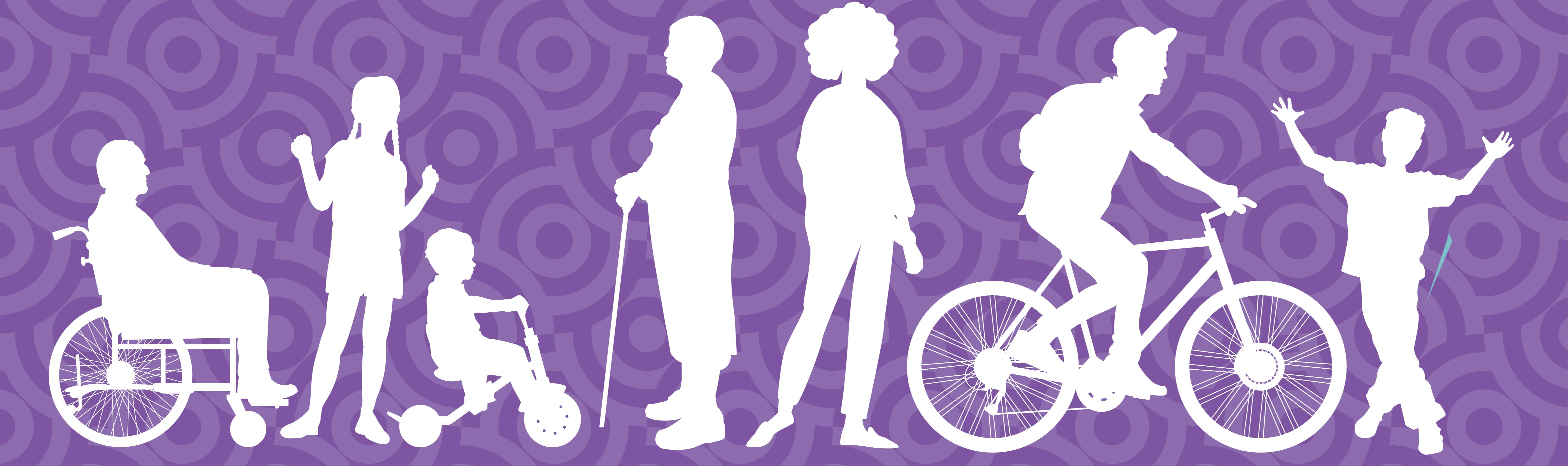 Silhouettes of various people, including one in a wheelchair, one with a cane, one with a bicycle, and multiple children