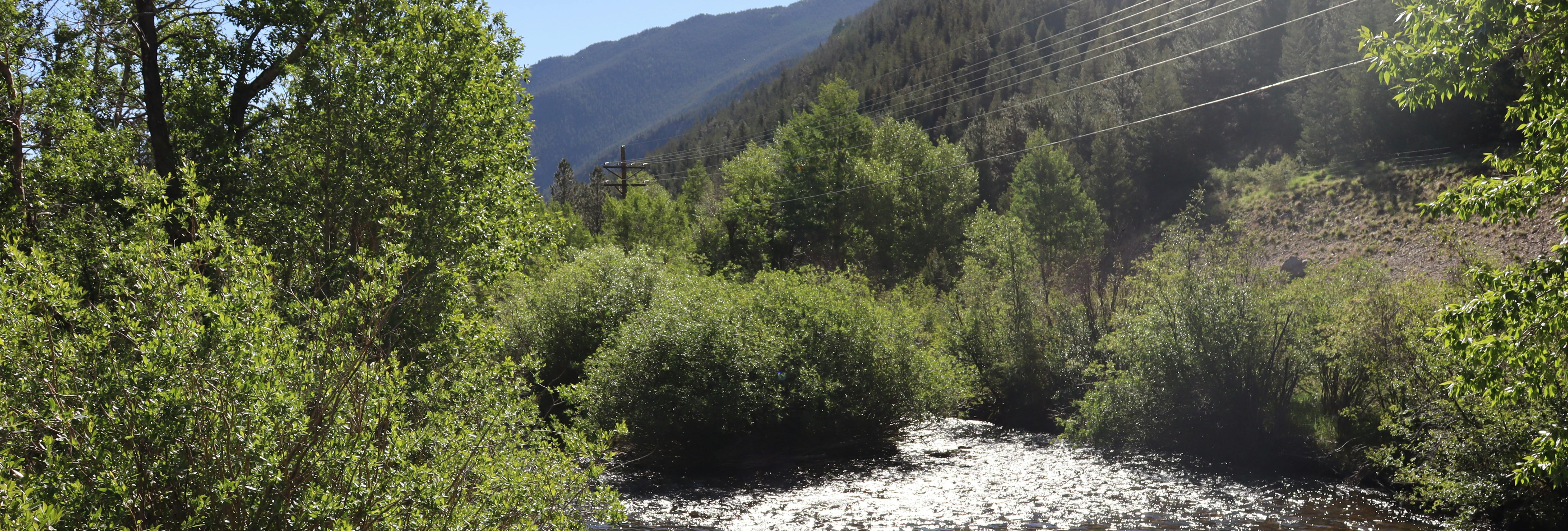 A photo with a stream and mountains in the background.