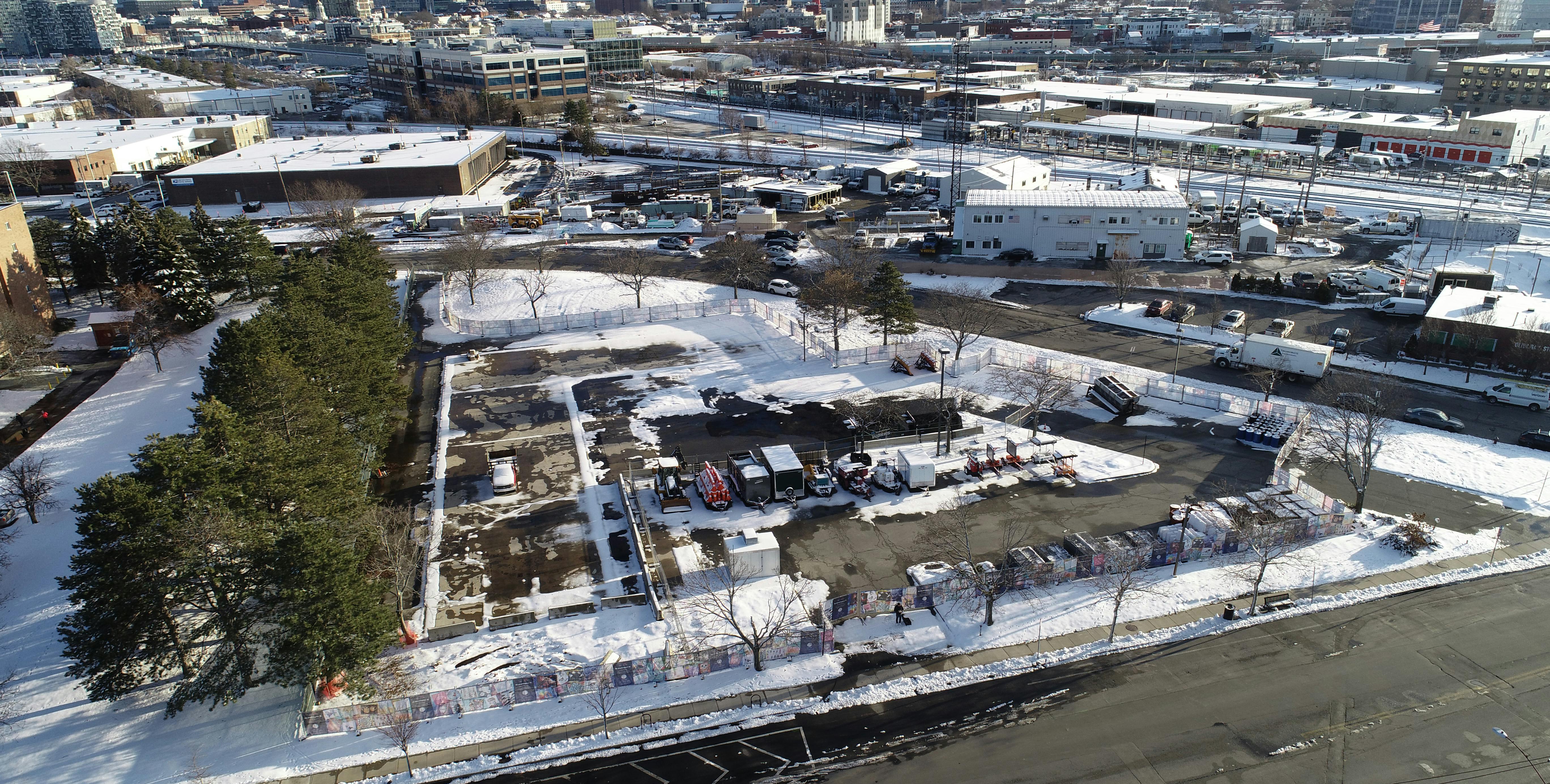 An aerial image of the 90 Washington Street site