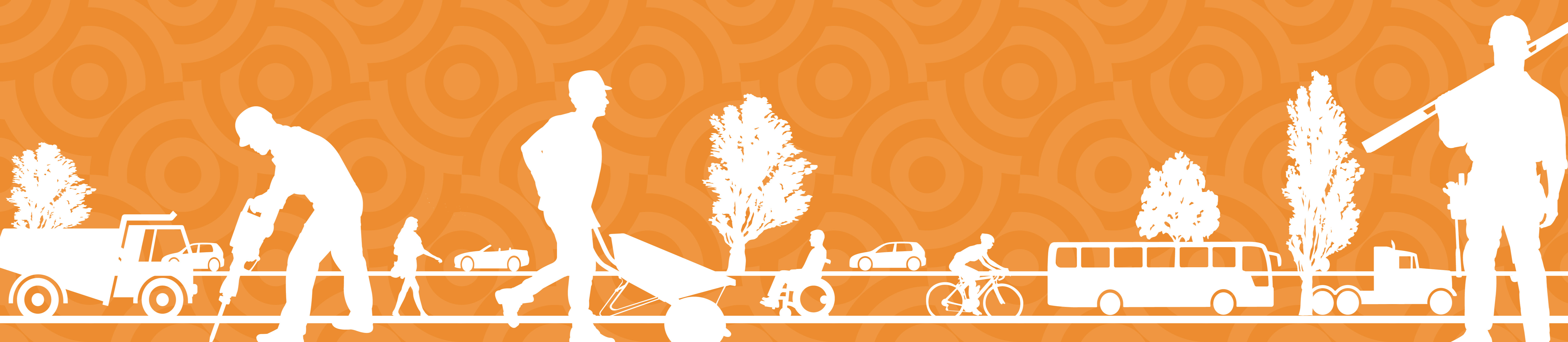 Silhouette image of three construction workers, trees, vehicles on a street and three people traveling.