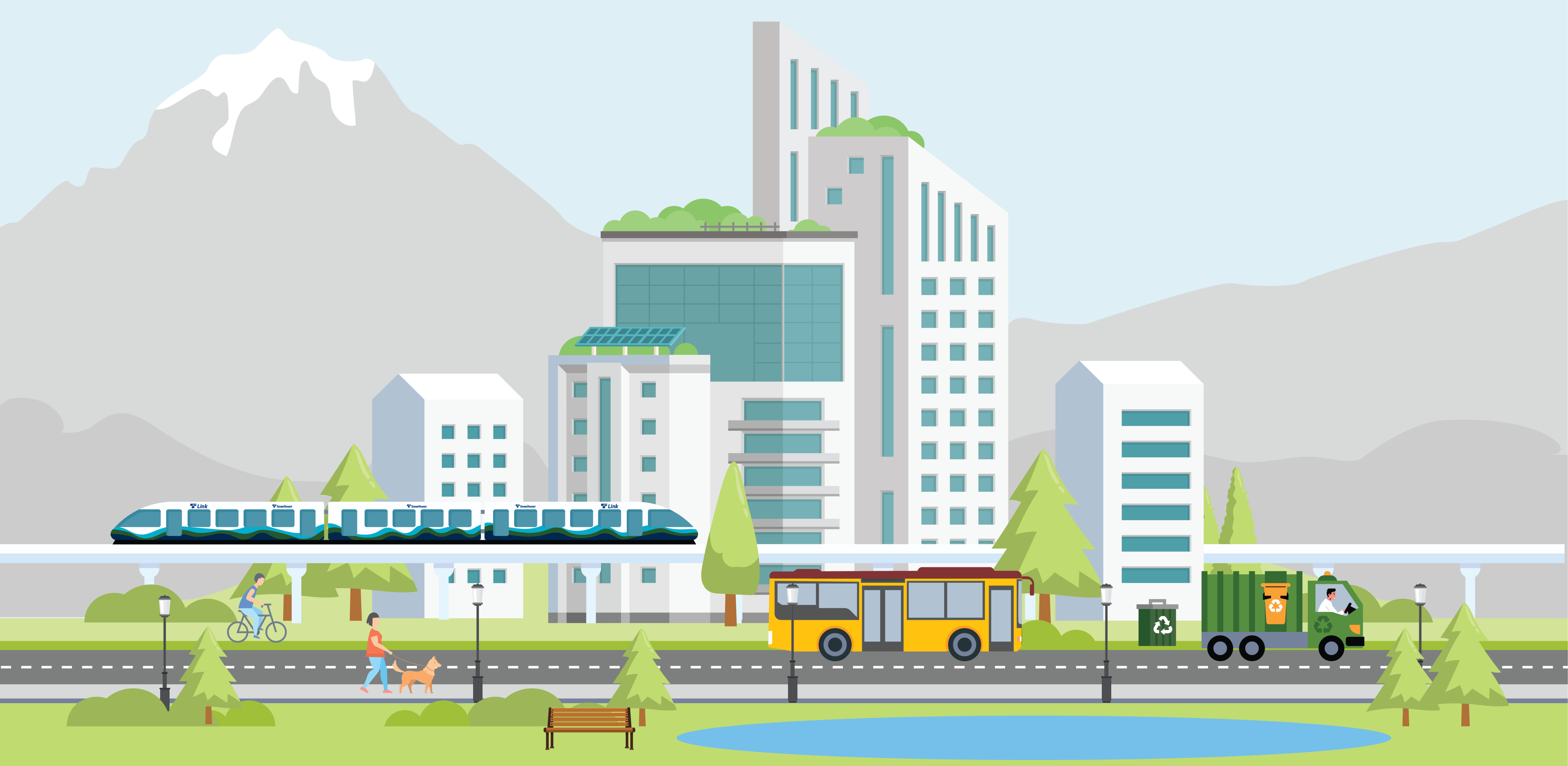 Cityscape scene showing healthy forest, green buildings and renewable energy, electric transportation, and people interacting