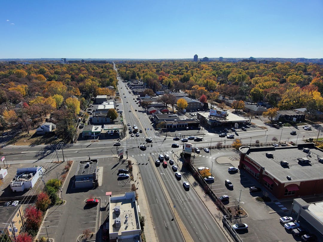 An aerial photo of an intersection along Penn Avenue