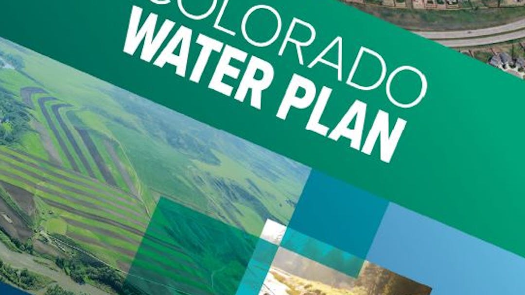 The title page of the Colorado Water Plan document showing a collage of images, the title, CWCB's logo and the year 2023