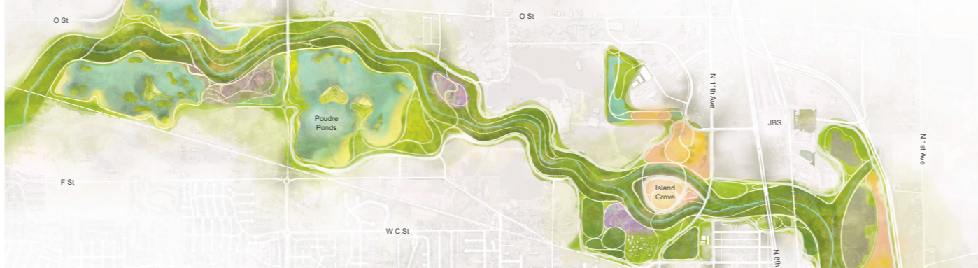 Aerial perspective of the Poudre River with industrial lots and farm equipment on either side of the river. 