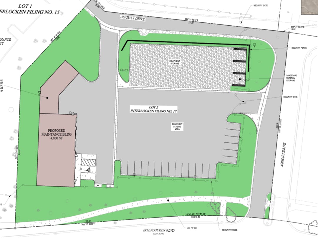 Drawing of a an overhead site plan showing a centrally located square building surrounded by parking and landscaping. 