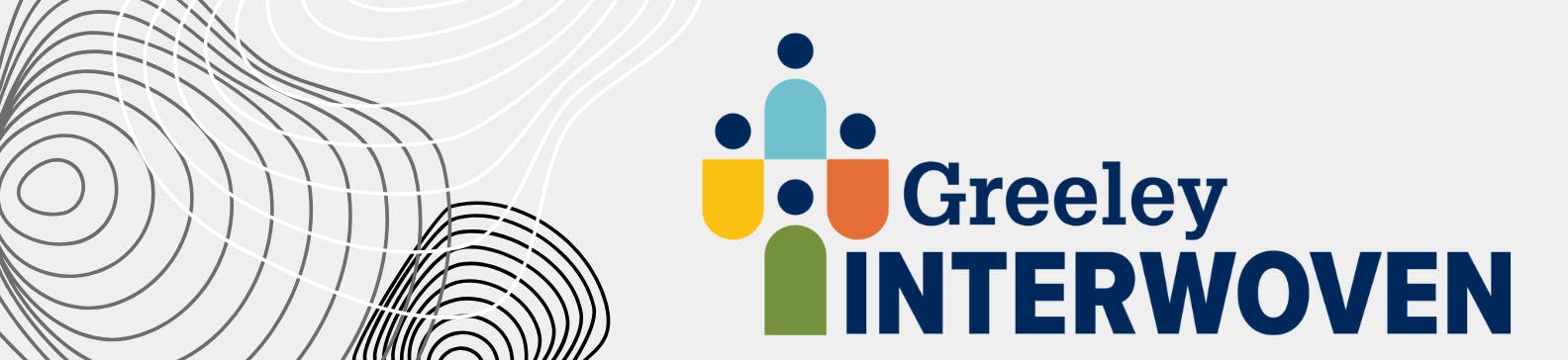 Greeley Interwoven logo over a gray background with graphic swirls on one side.