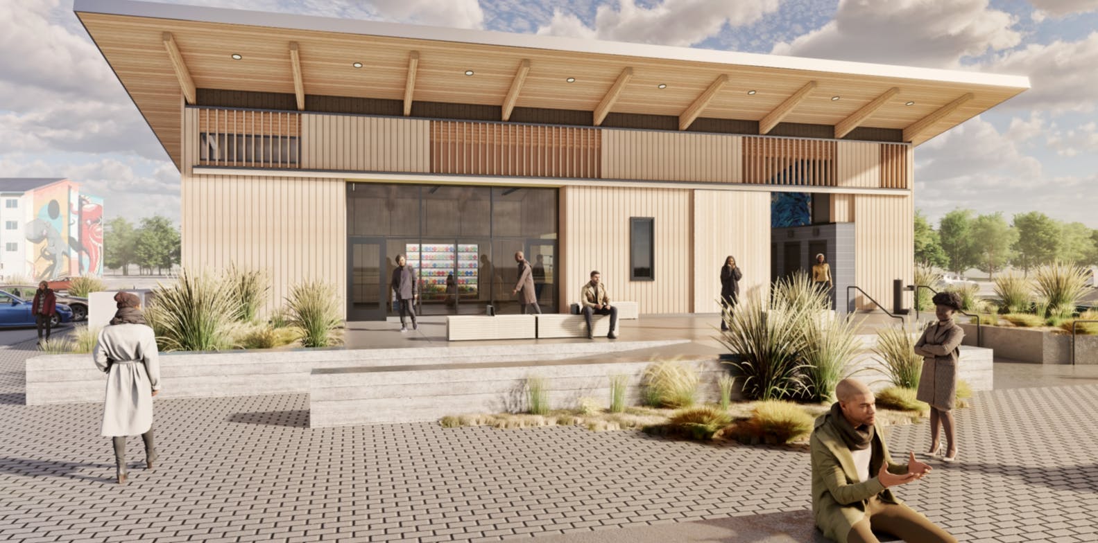 View of entrance and exterior plaza of the proposed Lincoln City Welcome Center.