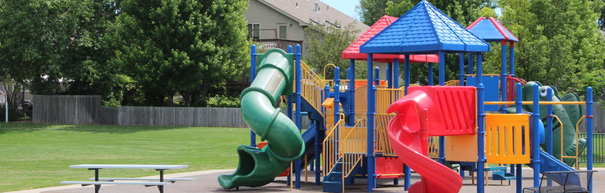 A colorful playground with twisty slides and a picnic table set against green grass and trees