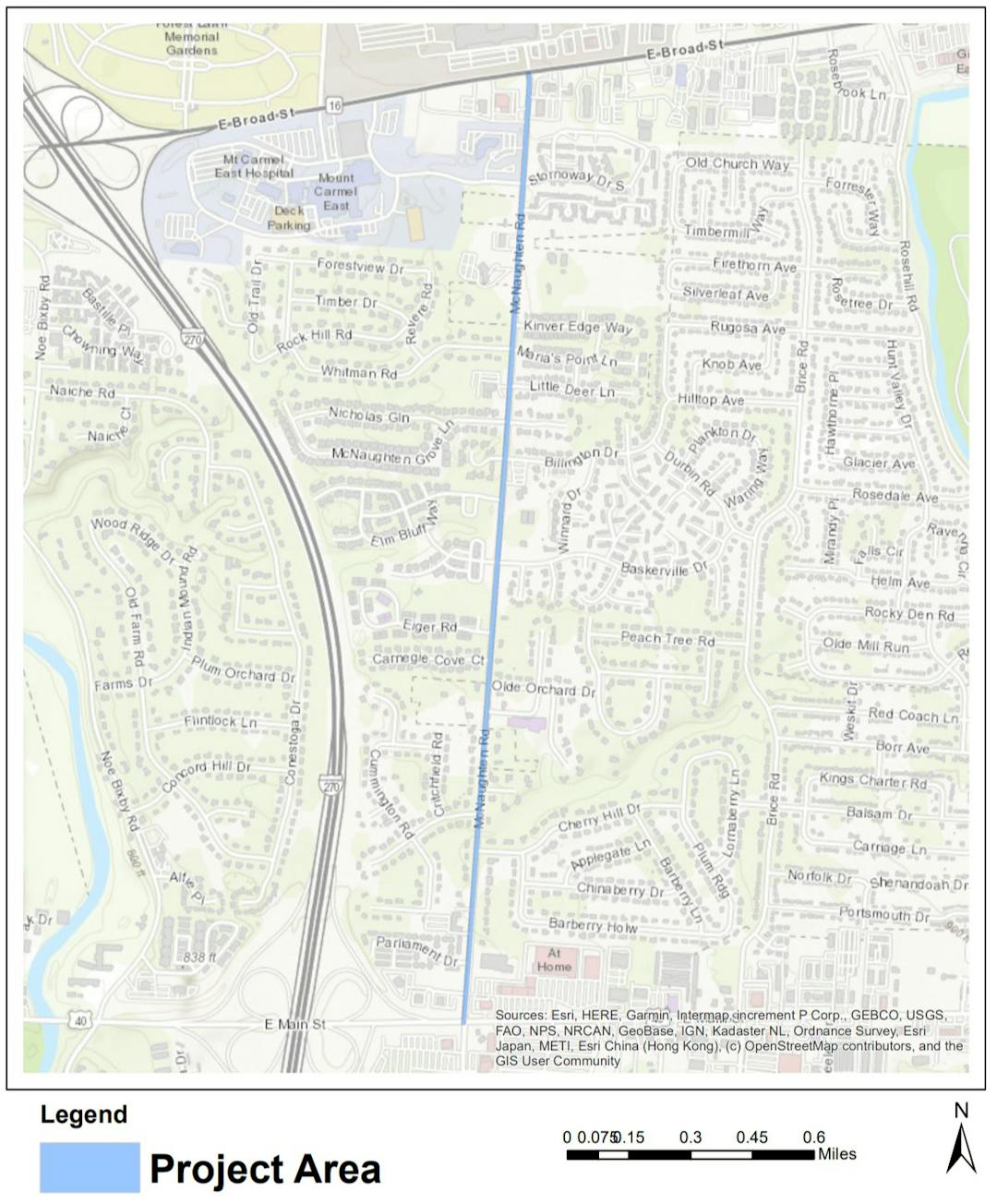 Map of suburban project area with residential streets, cul-de-sacs, a highway on the left, and a lake at the top edge.