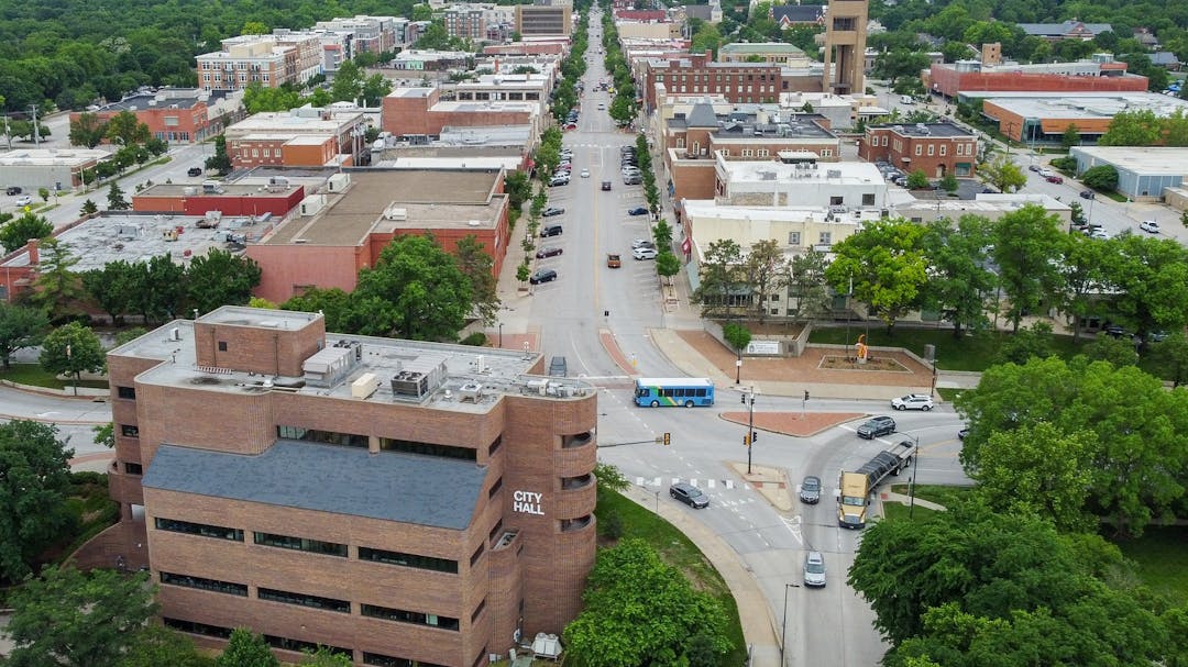 A drone photo of City Hall and downtown Lawrence, Kansas.