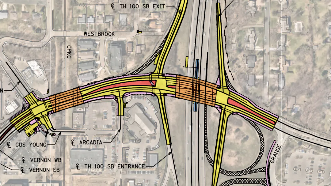 Map of proposed improvements at Vernon Avenue and Highway 100, including two new bridges and a redesigned interchange.