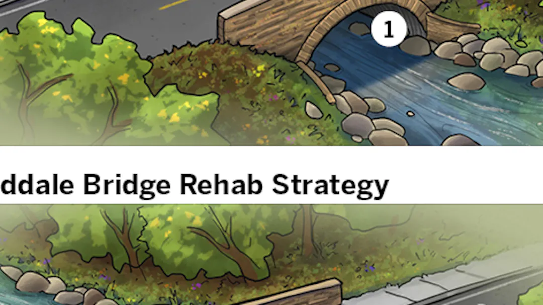 Graphic showing the Wooddale Bridge before and after the rehab strategy. 