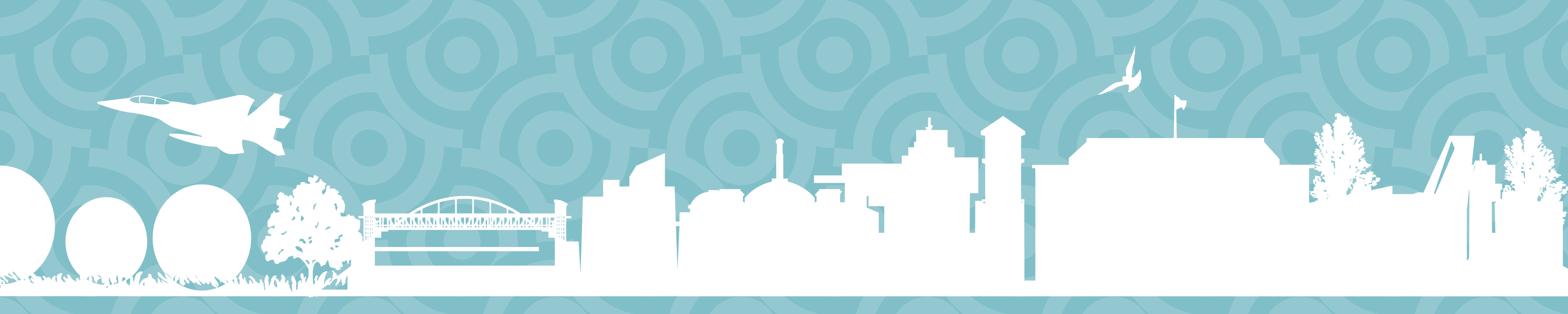 Silhouette image of Aurora landmarks in white with blue background