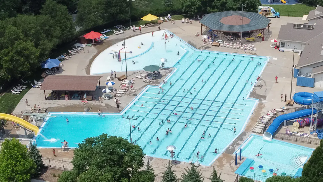 A drone photo of the Outdoor Aquatic Center.