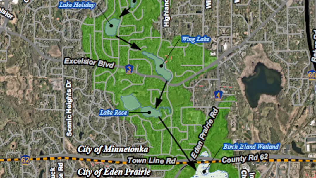 Map showing the Lakes Drainage Study area for Holiday, Wing, and Birch Island in Minnetonka