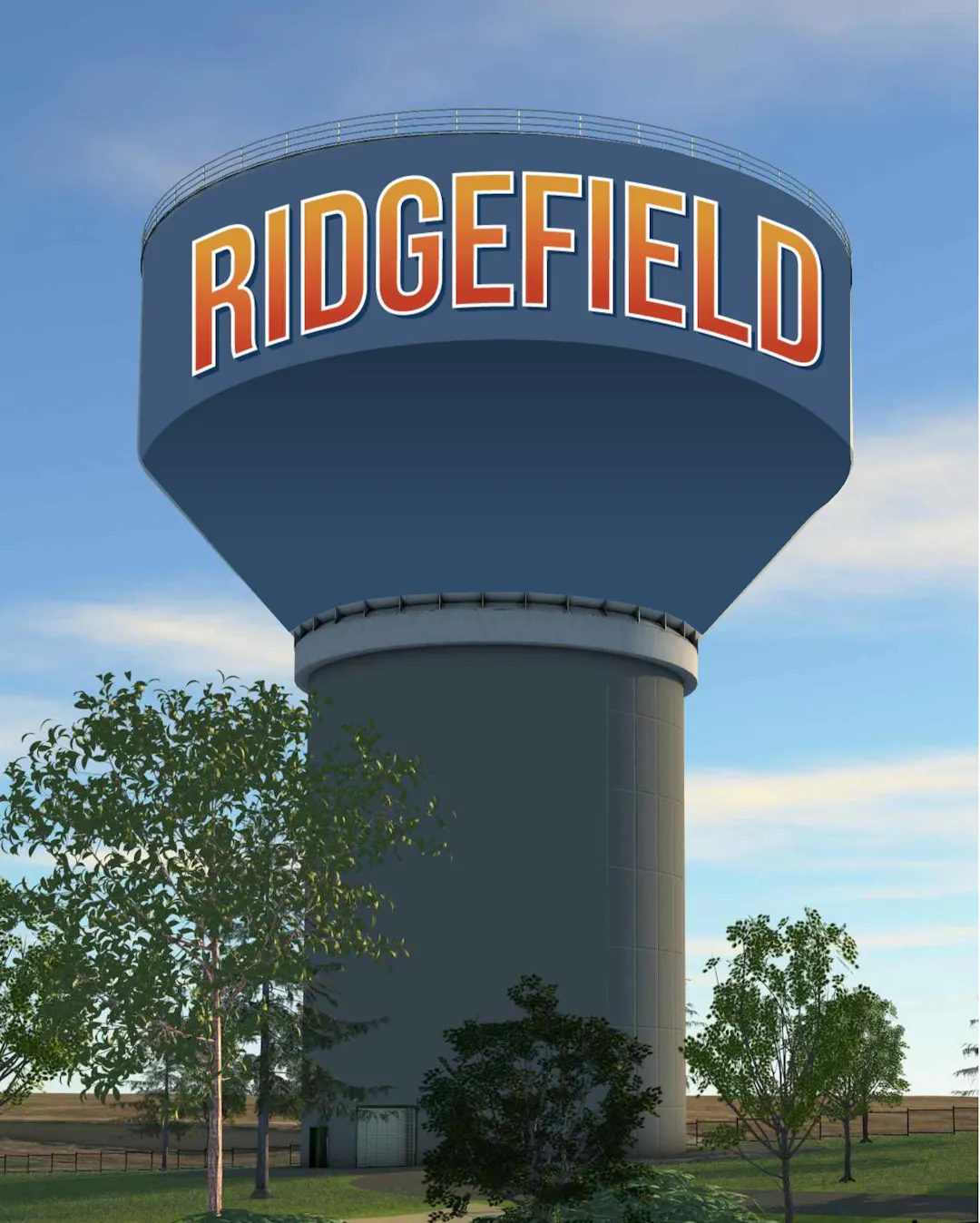 Elevated water reservoir with dark blue body and the text 'RIDGEFIELD' in orange.