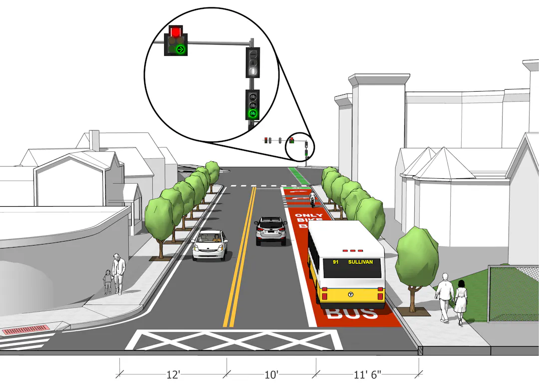 Rendering of bus and bike lane only on Prospect Street with two lanes of traffic in either direction