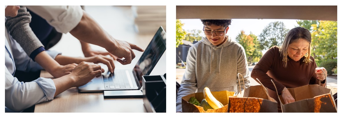 Image of hands working together on laptop next to an image of a family with groceries in a car