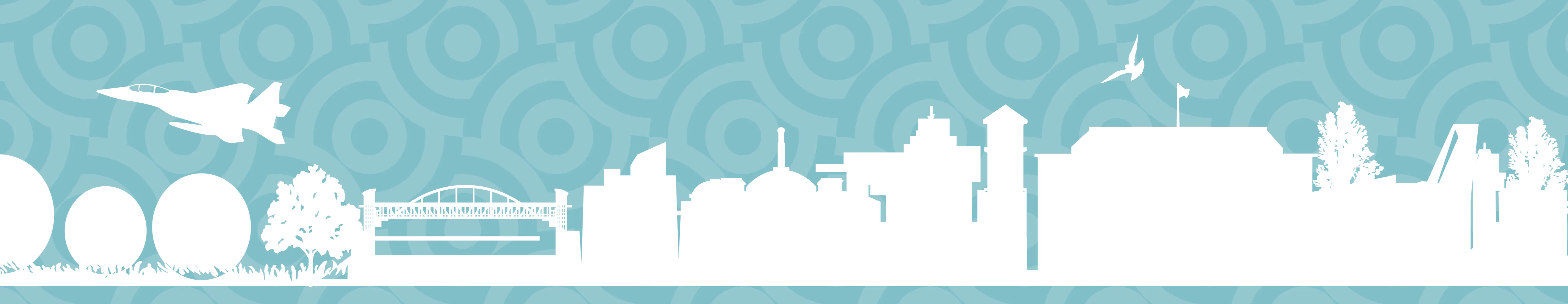 Silhouette image of Aurora landmarks in white with blue background