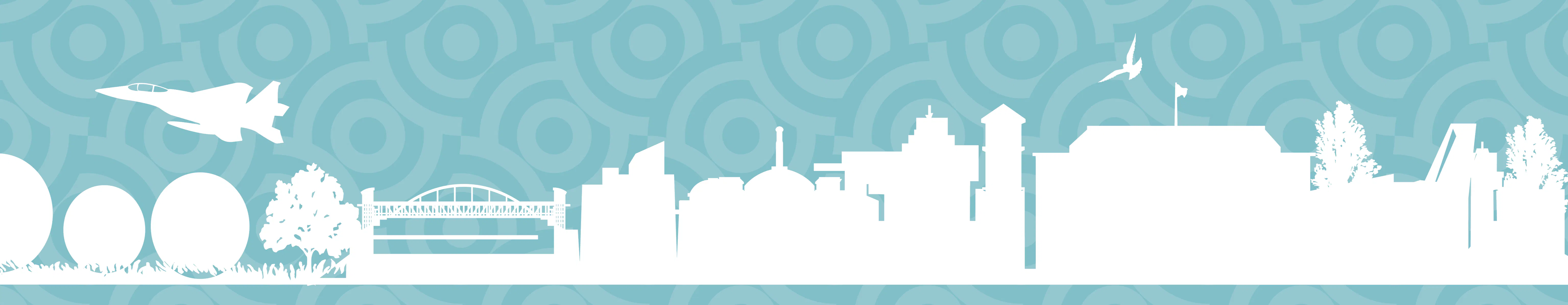 Silhouette image of Aurora landmarks in white with blue background