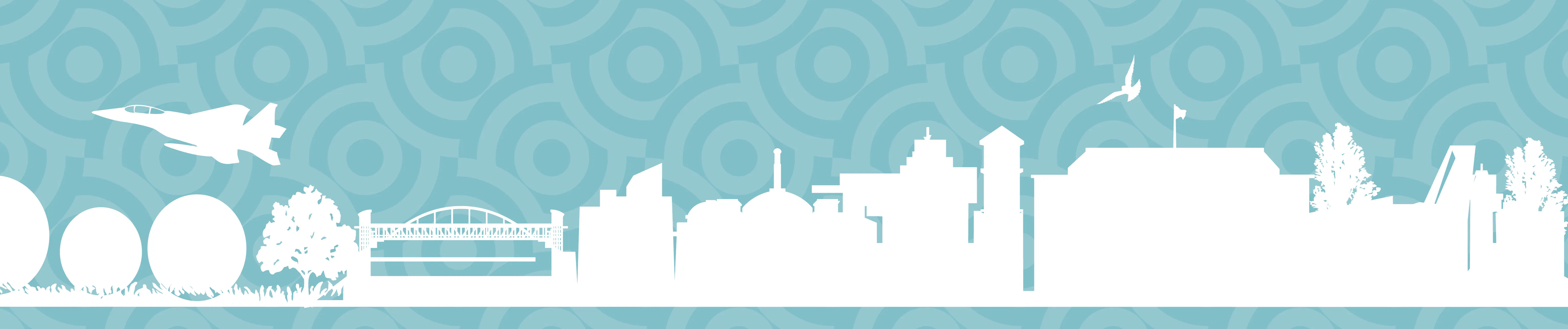 Silhouette image of Aurora landmarks in white with blue background