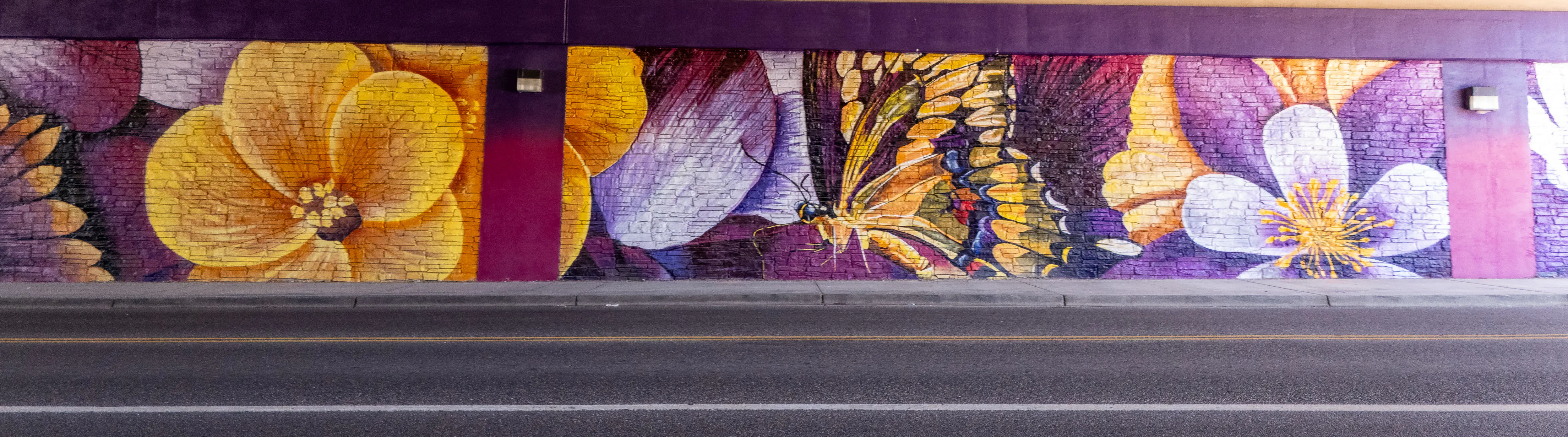 Mural in underpass with flowers and butterfly. Photo credit: Dittlo Digital