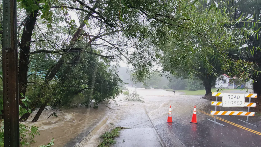 road flooding with road closure sign 