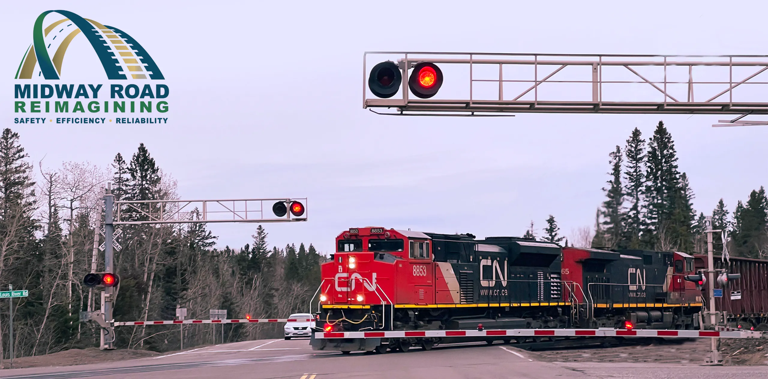 Train going through a railroad crossing