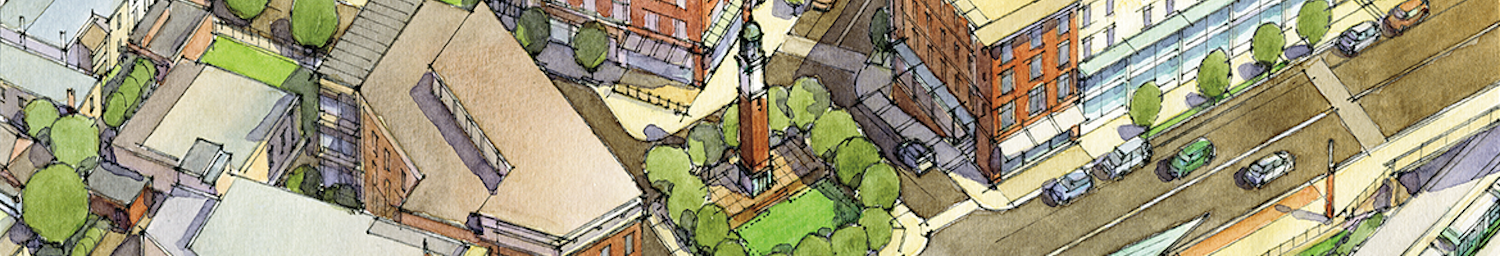 Rendering of Gilman Square from the Station Area Plan (2014).