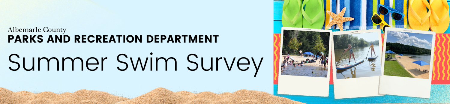 Wide-panoramic shot of Albemarle County sandy lake shoreline on sunny day with blue sunshades, swimmers, and paddleboards