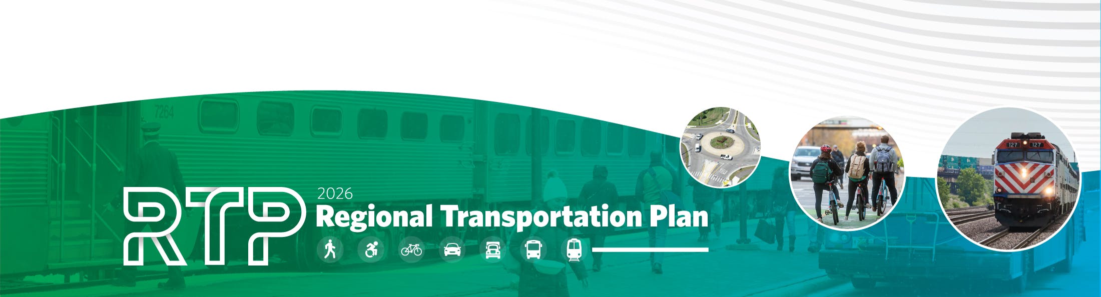 Banner graphic with RTP logo and supporting images of a Metra train, cyclists, and traffic circle