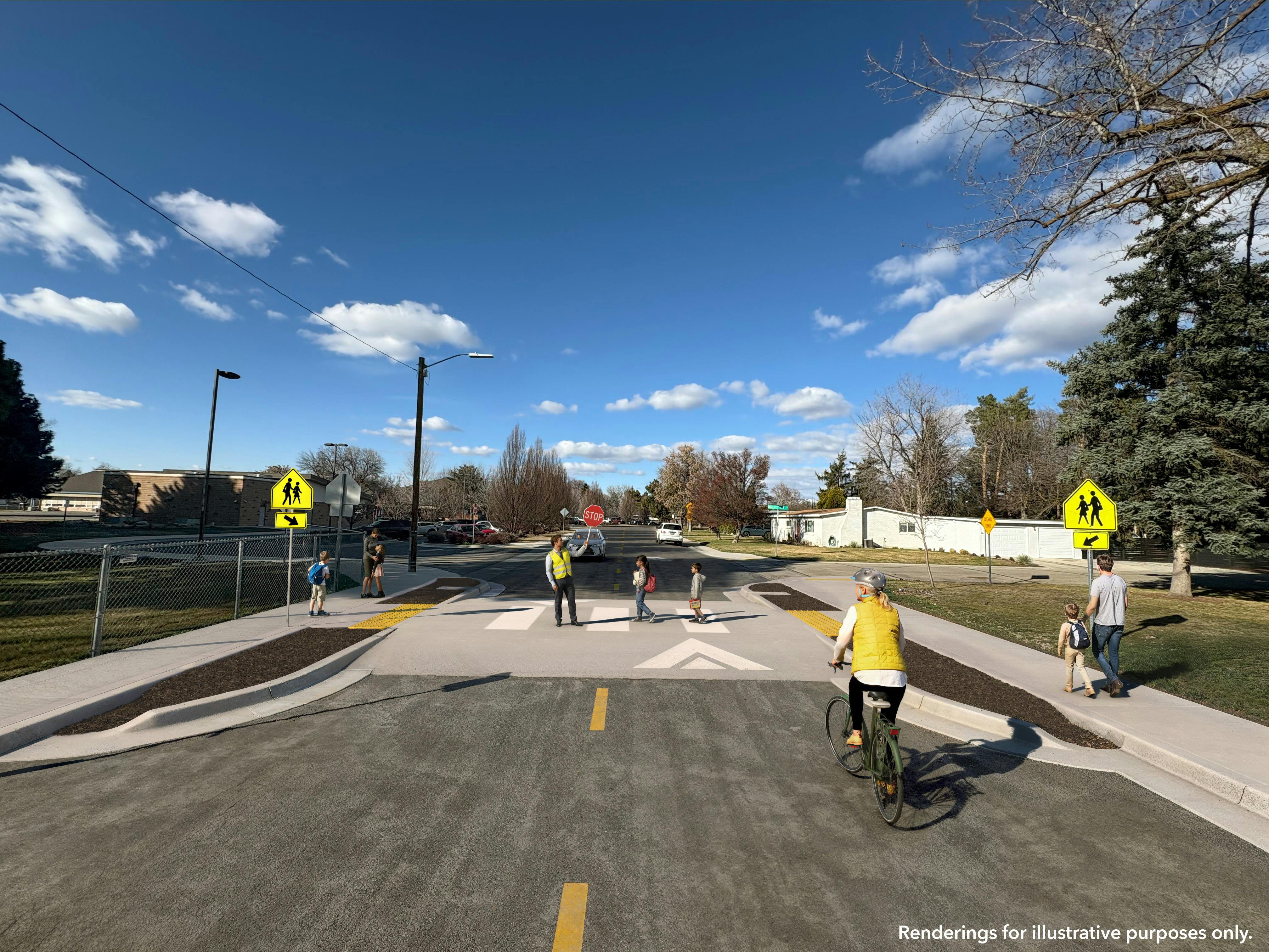 Rendering of raised crosswalk with curb bulb outs being used by school children and neighbors.